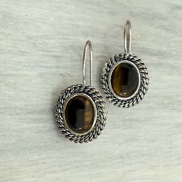 Vintage Avon Silvertone Tiger's Eye Earrings, Pierced,  Wire Closure - Picture 3 of 5